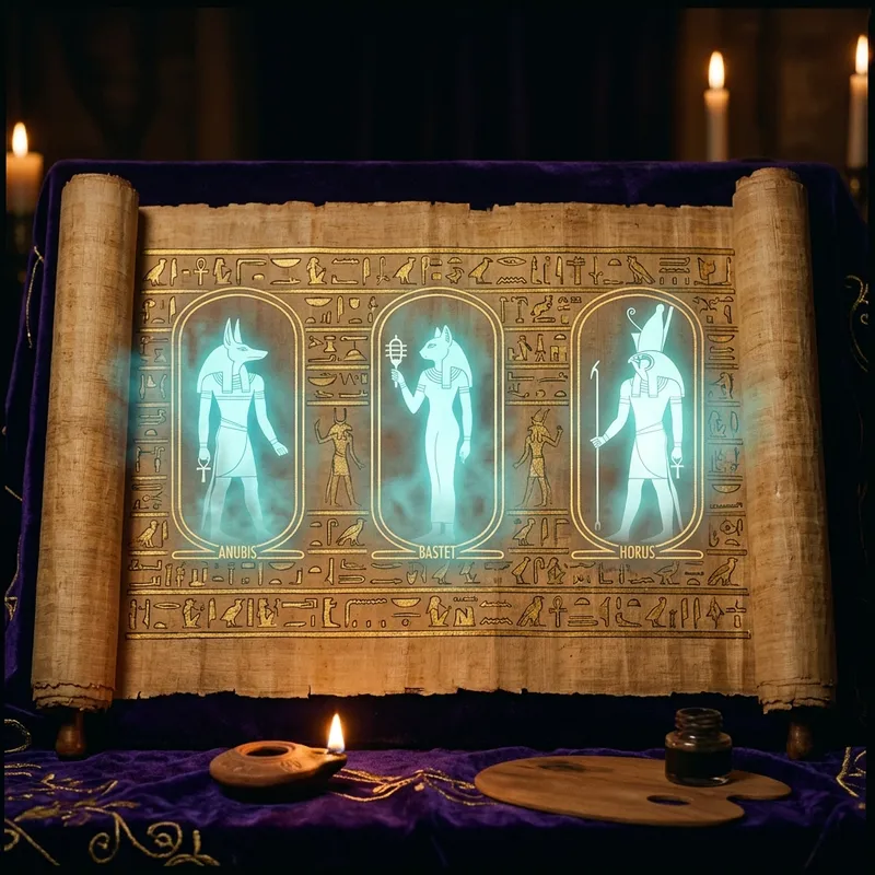 Papyrus scroll with glowing god silhouettes