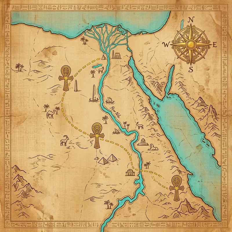 Parchment map of Egypt with gold route pins