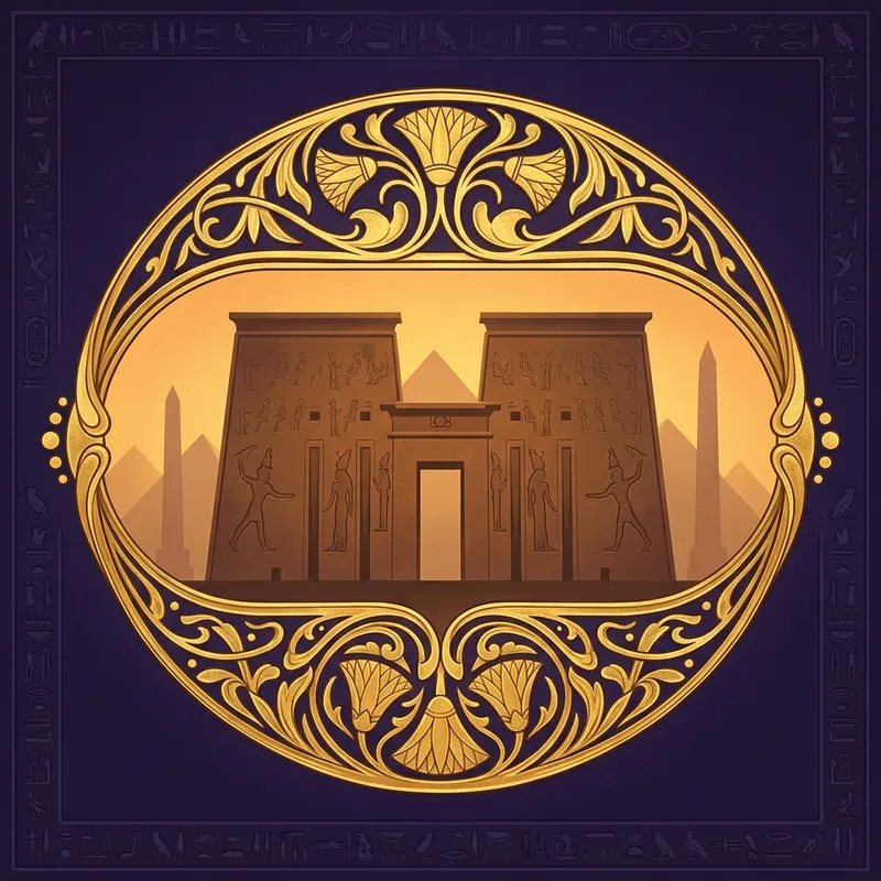 Ornate cartouche illustration of a temple gateway